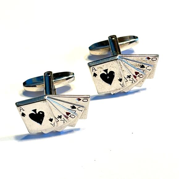 Silver cufflinks playing card stud poker gamblers mens jewelry enamel finishes - Picture 2 of 6